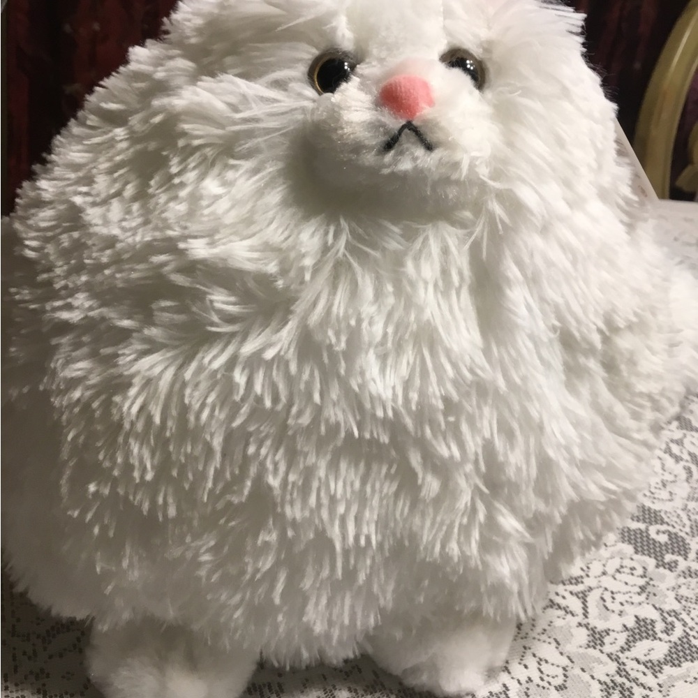 Cat Plush White Kitty Round Fat & Fluffy Winsterch Cuddly Pink Nose & Ears 10”
